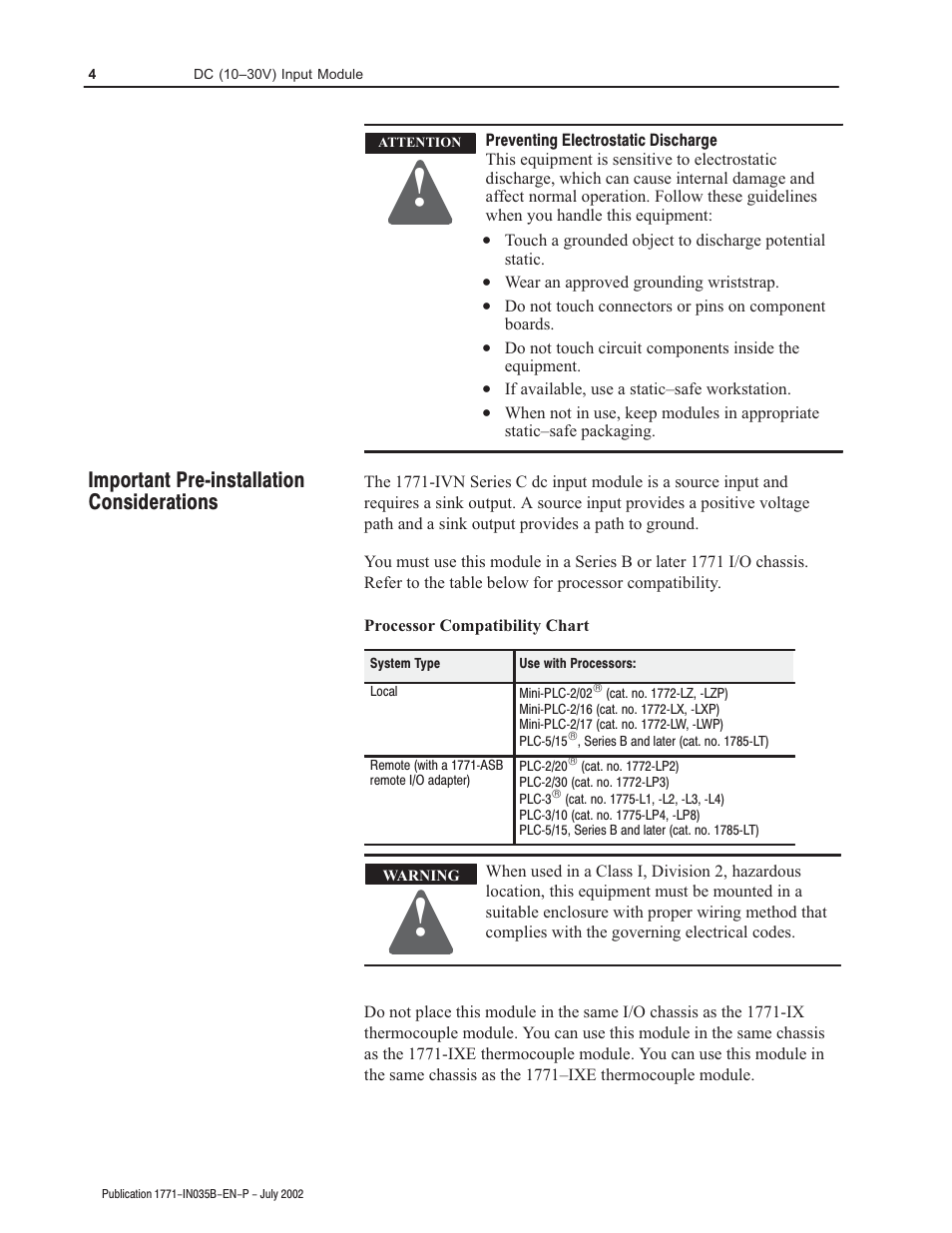 Important prećinstallation considerations | Rockwell Automation 1771-IVN Installation Data dc (10-30V) Input Module User Manual | Page 4 / 12