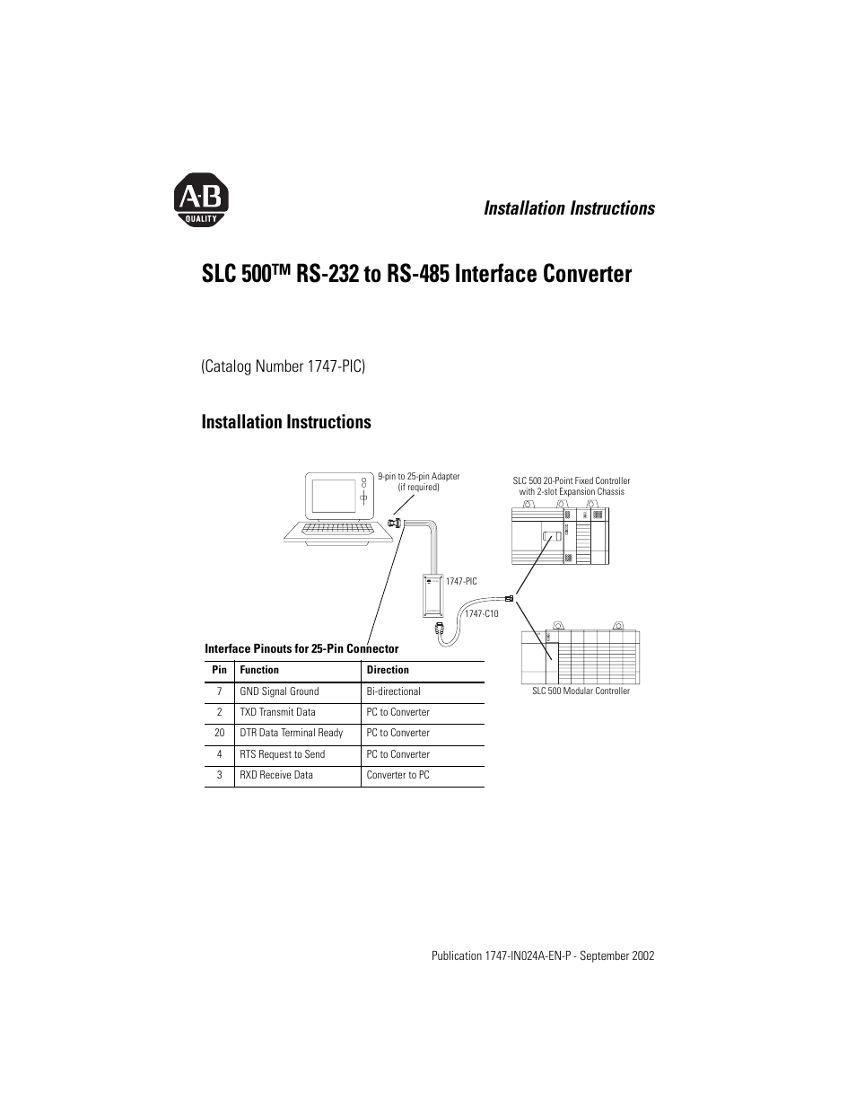 Rockwell Automation 1747-PIC SLC 500 RS-232 to RS-485 Interface Converter Installation Instructions User Manual | 4 pages