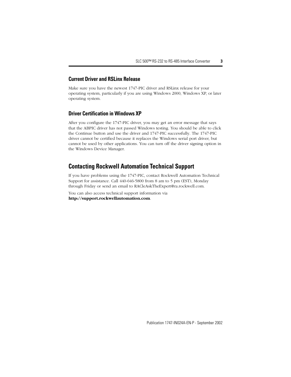 Contacting rockwell automation technical support | Rockwell Automation 1747-PIC SLC 500 RS-232 to RS-485 Interface Converter Installation Instructions User Manual | Page 3 / 4