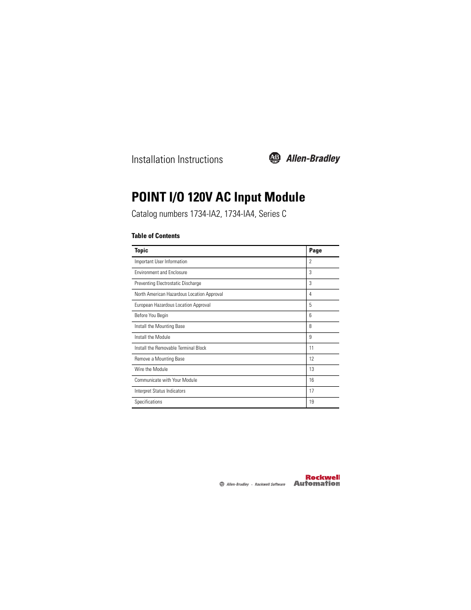 Rockwell Automation 1734-IA2_IA4, Series C POINT I/O 120V AC Input Module Installation Instructions User Manual | 24 pages