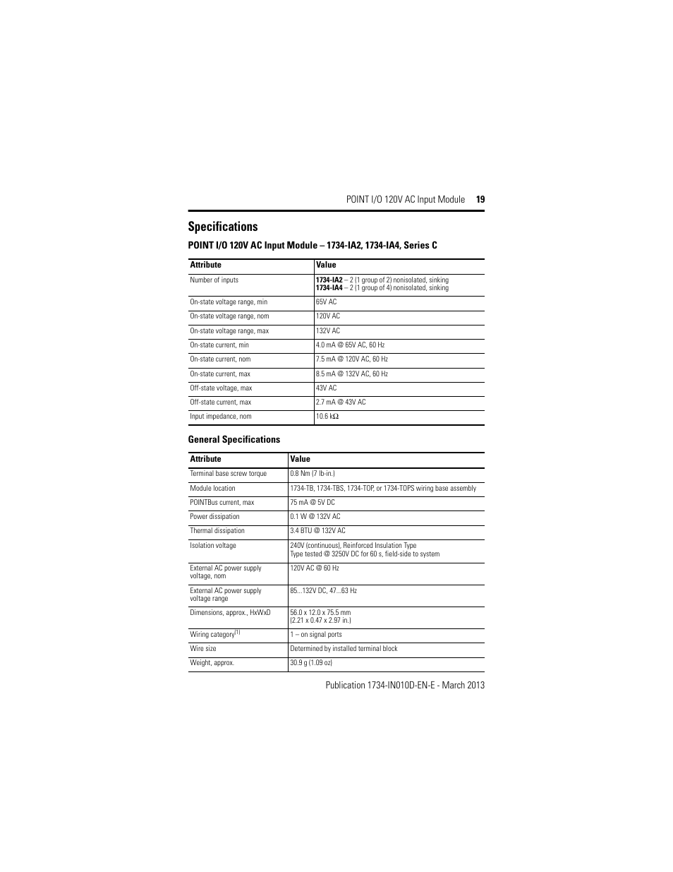 Specifications, General specifications | Rockwell Automation 1734-IA2_IA4, Series C POINT I/O 120V AC Input Module Installation Instructions User Manual | Page 19 / 24