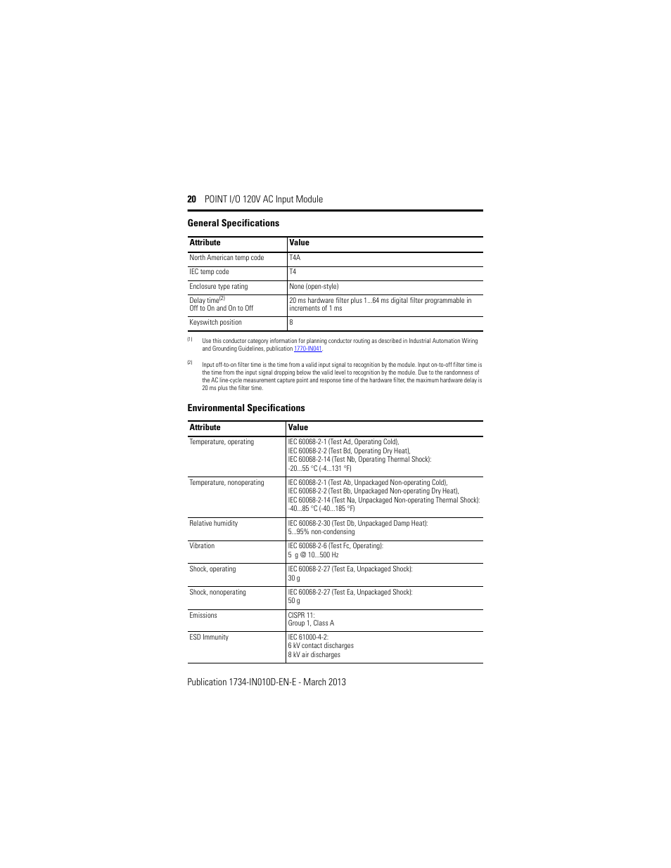 Environmental specifications, General specifications | Rockwell Automation 1734-IA2_IA4, Series C POINT I/O 120V AC Input Module Installation Instructions User Manual | Page 20 / 24