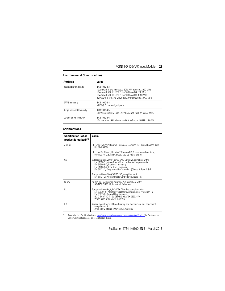 Certifications, Environmental specifications | Rockwell Automation 1734-IA2_IA4, Series C POINT I/O 120V AC Input Module Installation Instructions User Manual | Page 21 / 24