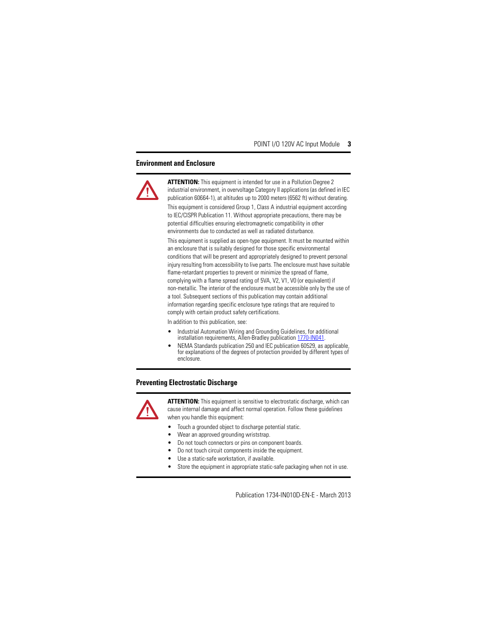Environment and enclosure, Preventing electrostatic discharge | Rockwell Automation 1734-IA2_IA4, Series C POINT I/O 120V AC Input Module Installation Instructions User Manual | Page 3 / 24