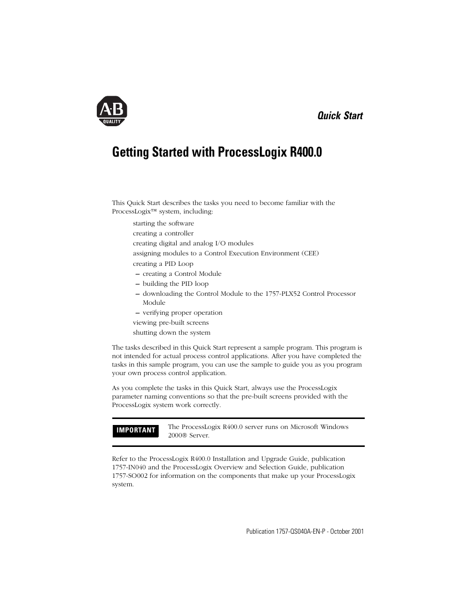 Rockwell Automation 1757-SWKIT400 Getting Started with ProcessLogix R400.0 Quick Start User Manual | 24 pages