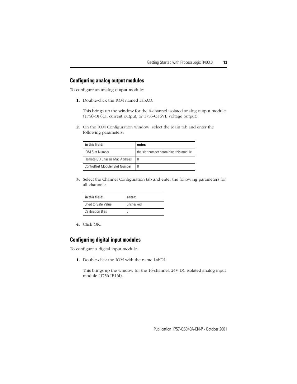 Configuring analog output modules, Configuring digital input modules | Rockwell Automation 1757-SWKIT400 Getting Started with ProcessLogix R400.0 Quick Start User Manual | Page 13 / 24