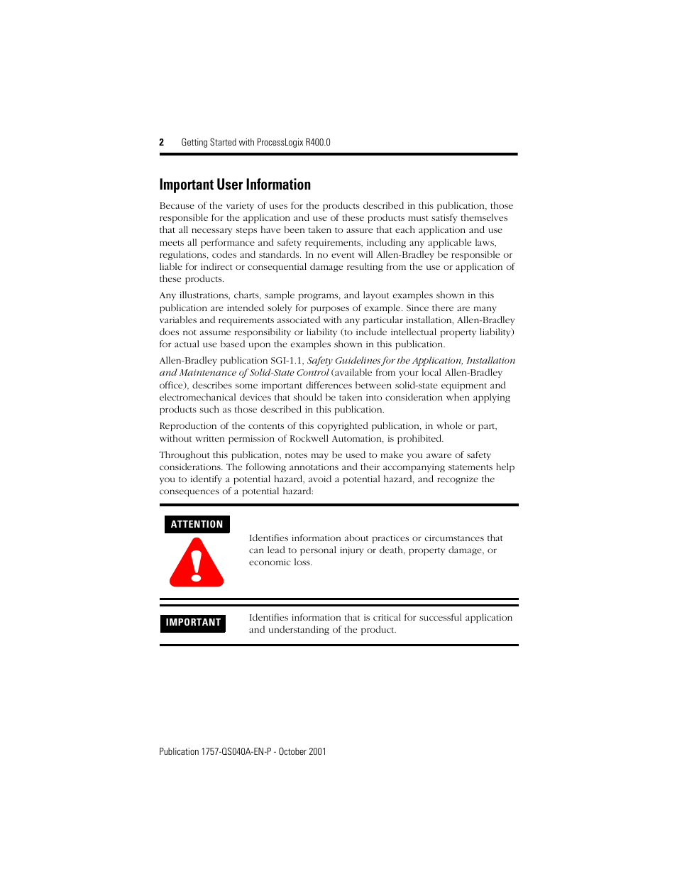 Important user information | Rockwell Automation 1757-SWKIT400 Getting Started with ProcessLogix R400.0 Quick Start User Manual | Page 2 / 24