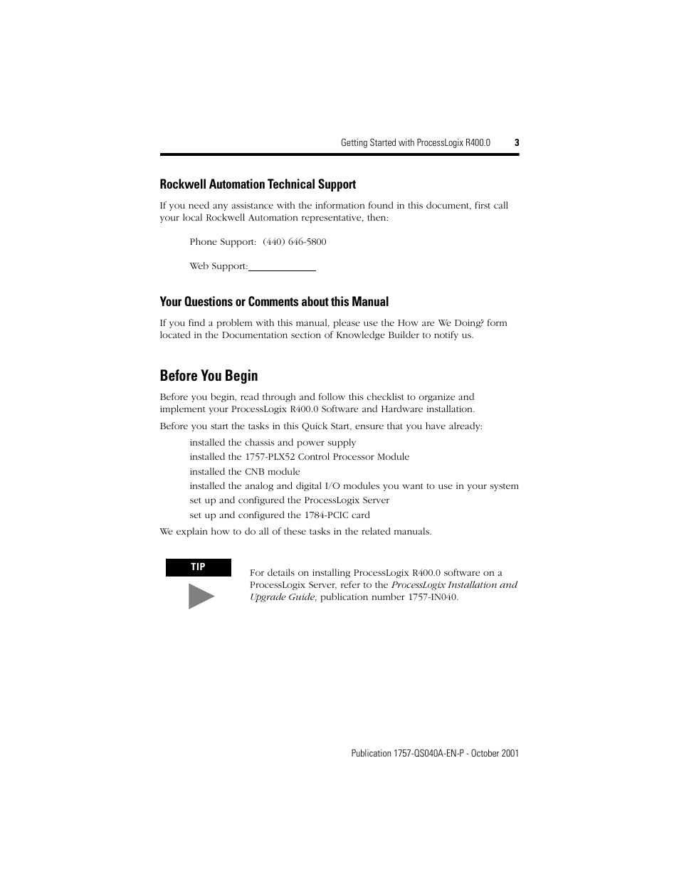 Before you begin, Rockwell automation technical support, Your questions or comments about this manual | Rockwell Automation 1757-SWKIT400 Getting Started with ProcessLogix R400.0 Quick Start User Manual | Page 3 / 24