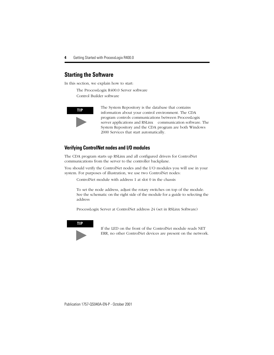 Starting the software, Verifying controlnet nodes and i/o modules | Rockwell Automation 1757-SWKIT400 Getting Started with ProcessLogix R400.0 Quick Start User Manual | Page 4 / 24