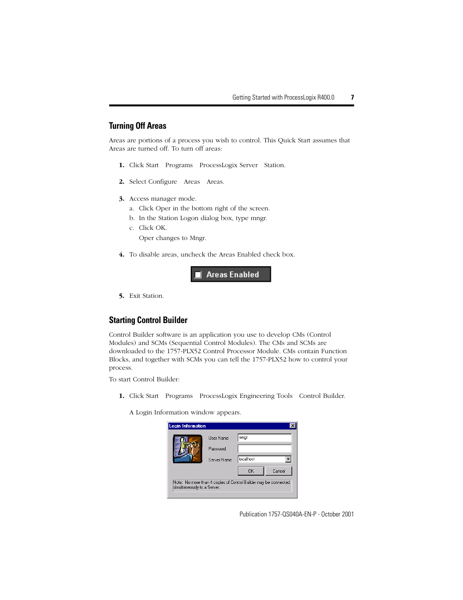 Turning off areas, Starting control builder | Rockwell Automation 1757-SWKIT400 Getting Started with ProcessLogix R400.0 Quick Start User Manual | Page 7 / 24