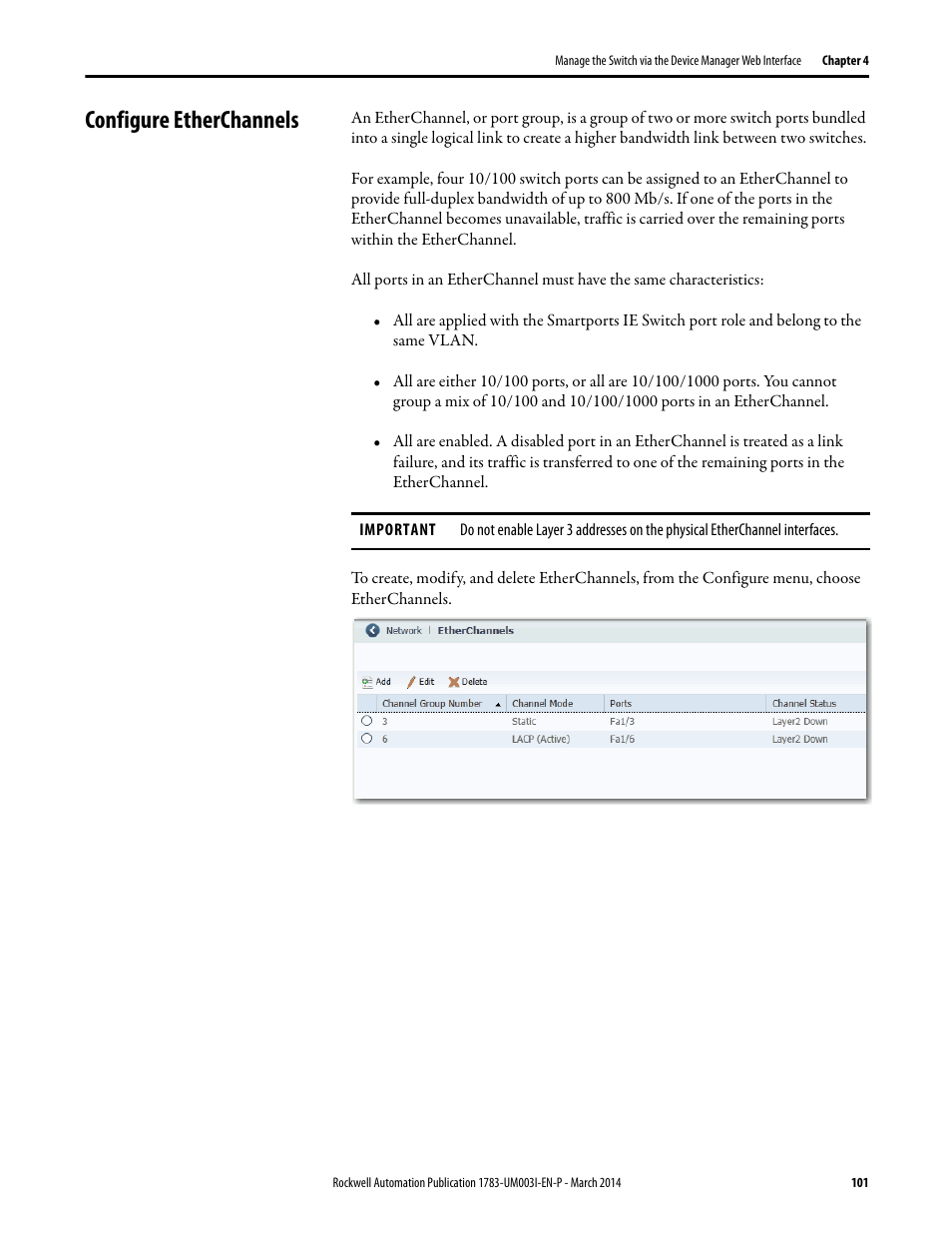 Configure etherchannels | Rockwell Automation 1783-Mxxx Stratix 8000 and 8300 Ethernet Managed Switches User Manual User Manual | Page 101 / 204