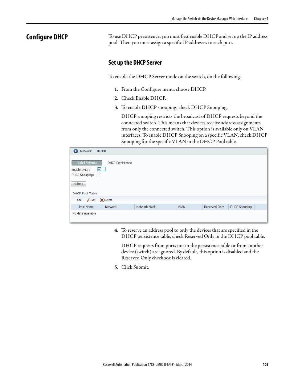 Configure dhcp, Set up the dhcp server | Rockwell Automation 1783-Mxxx Stratix 8000 and 8300 Ethernet Managed Switches User Manual User Manual | Page 103 / 204