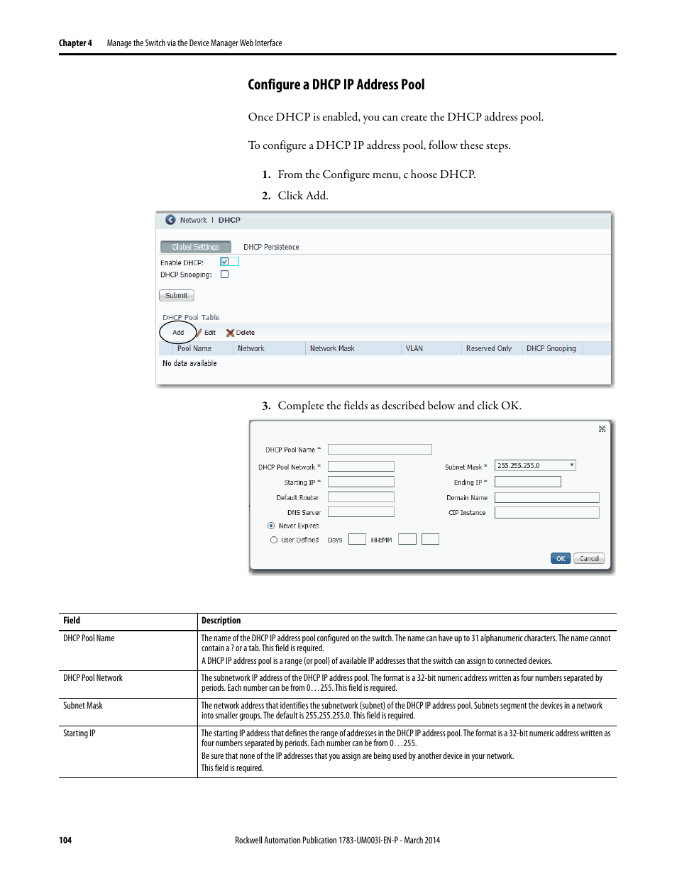 Configure a dhcp ip address pool | Rockwell Automation 1783-Mxxx Stratix 8000 and 8300 Ethernet Managed Switches User Manual User Manual | Page 104 / 204