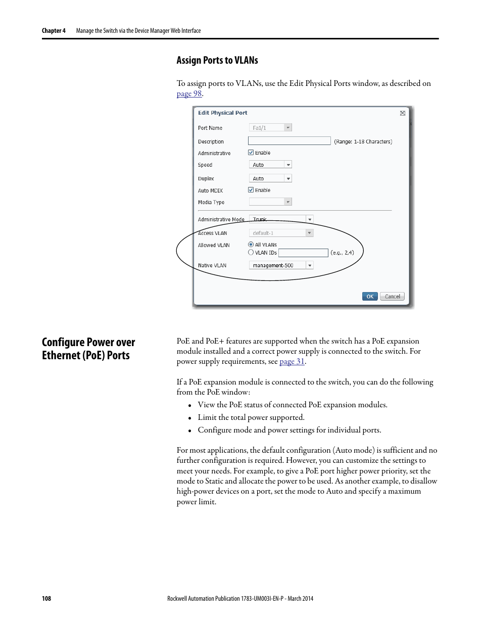 Assign ports to vlans, Configure power over ethernet (poe) ports | Rockwell Automation 1783-Mxxx Stratix 8000 and 8300 Ethernet Managed Switches User Manual User Manual | Page 108 / 204