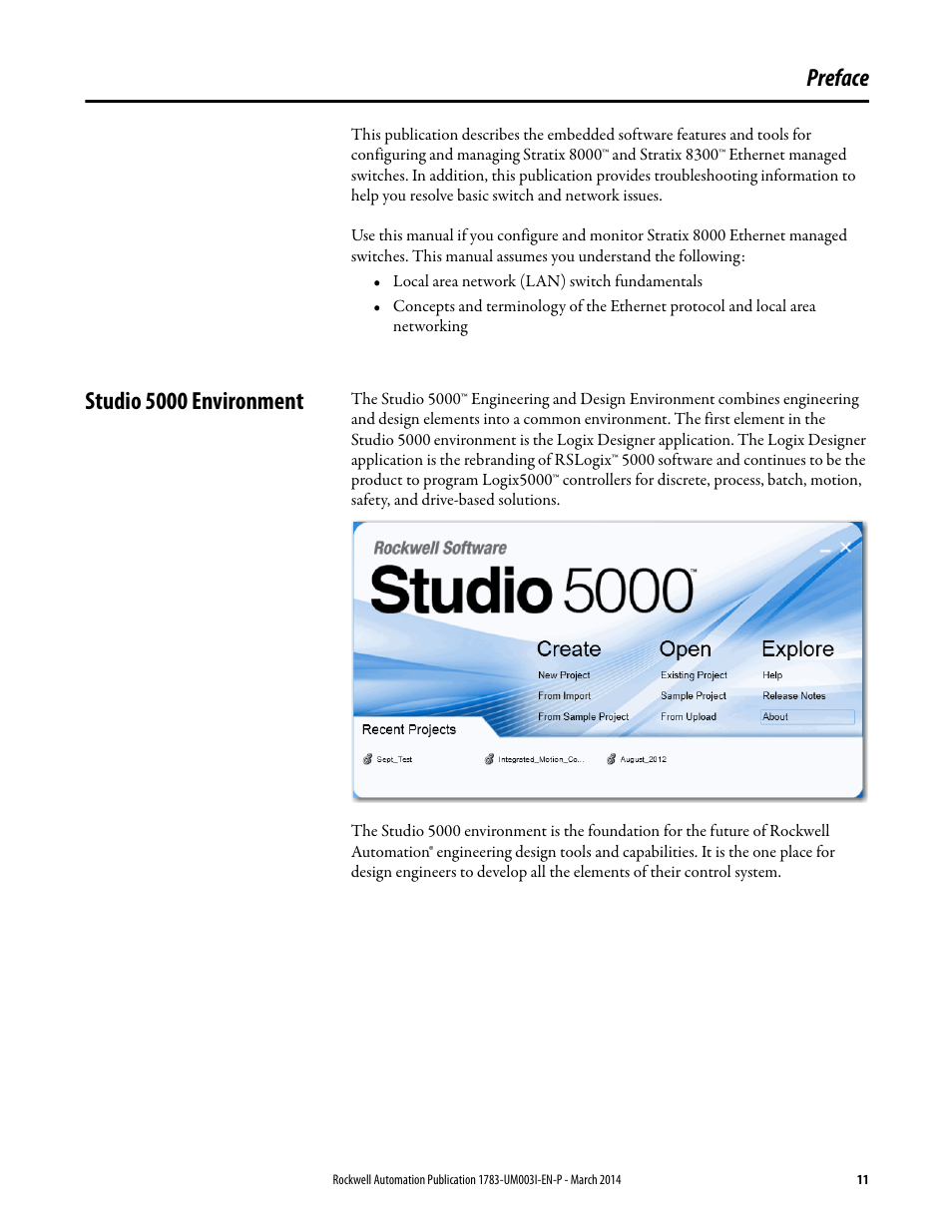 Preface, Studio 5000 environment | Rockwell Automation 1783-Mxxx Stratix 8000 and 8300 Ethernet Managed Switches User Manual User Manual | Page 11 / 204