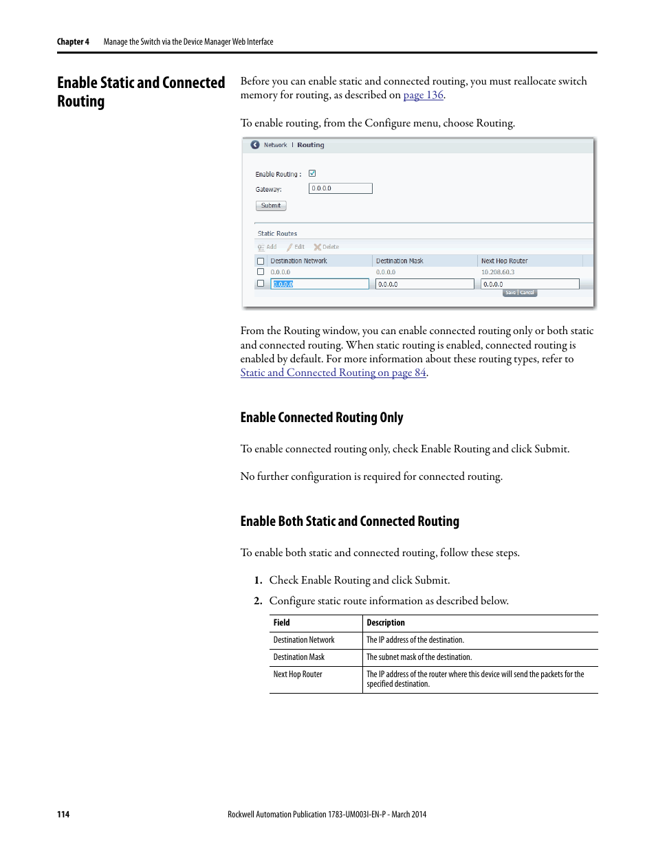 Enable static and connected routing, Enable connected routing only, Enable both static and connected routing | Rockwell Automation 1783-Mxxx Stratix 8000 and 8300 Ethernet Managed Switches User Manual User Manual | Page 114 / 204