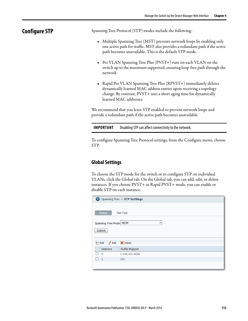Configure stp, Global settings | Rockwell Automation 1783-Mxxx Stratix 8000 and 8300 Ethernet Managed Switches User Manual User Manual | Page 115 / 204
