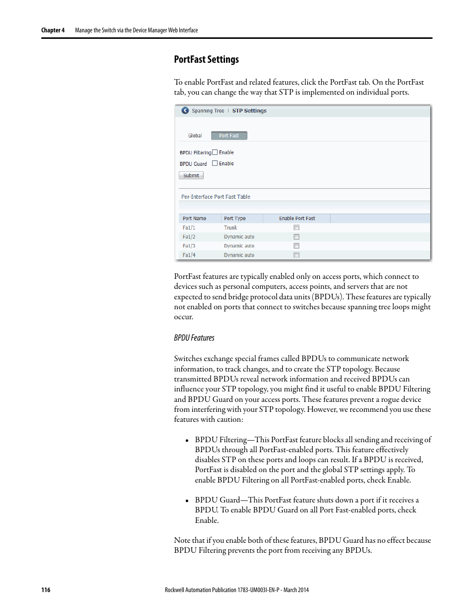 Portfast settings | Rockwell Automation 1783-Mxxx Stratix 8000 and 8300 Ethernet Managed Switches User Manual User Manual | Page 116 / 204