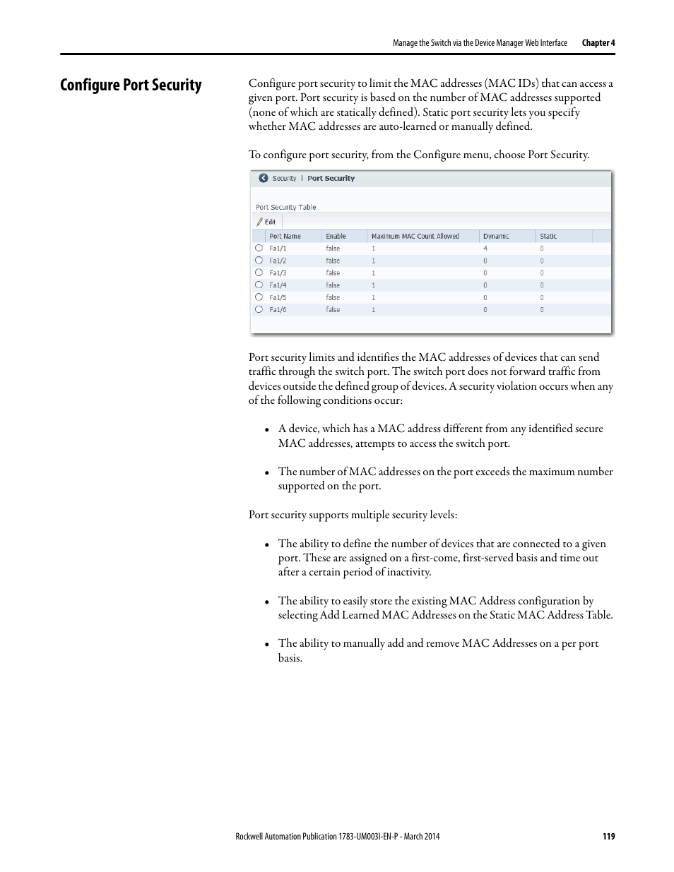 Configure port security | Rockwell Automation 1783-Mxxx Stratix 8000 and 8300 Ethernet Managed Switches User Manual User Manual | Page 119 / 204