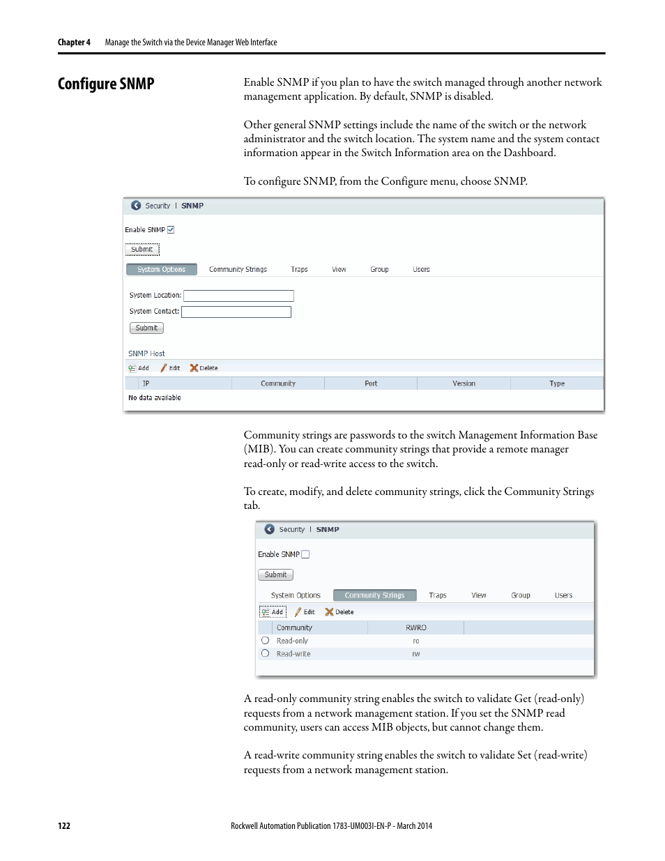 Configure snmp | Rockwell Automation 1783-Mxxx Stratix 8000 and 8300 Ethernet Managed Switches User Manual User Manual | Page 122 / 204