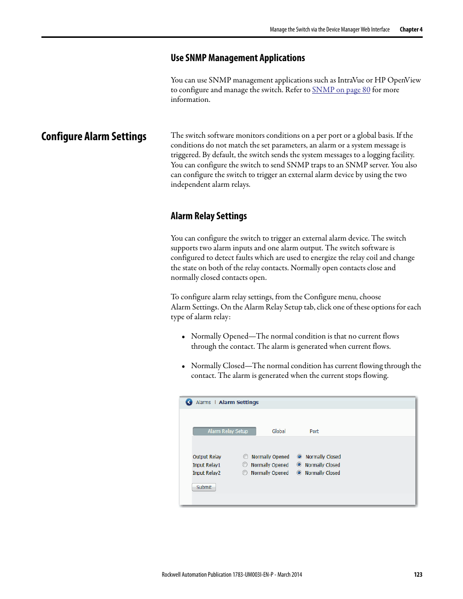 Use snmp management applications, Configure alarm settings, Alarm relay settings | Rockwell Automation 1783-Mxxx Stratix 8000 and 8300 Ethernet Managed Switches User Manual User Manual | Page 123 / 204