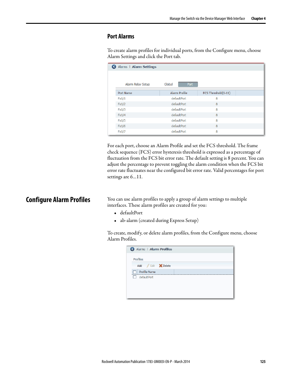Port alarms, Configure alarm profiles | Rockwell Automation 1783-Mxxx Stratix 8000 and 8300 Ethernet Managed Switches User Manual User Manual | Page 125 / 204