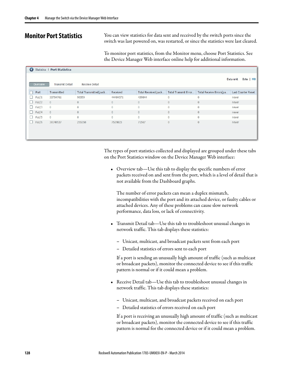 Monitor port statistics | Rockwell Automation 1783-Mxxx Stratix 8000 and 8300 Ethernet Managed Switches User Manual User Manual | Page 128 / 204