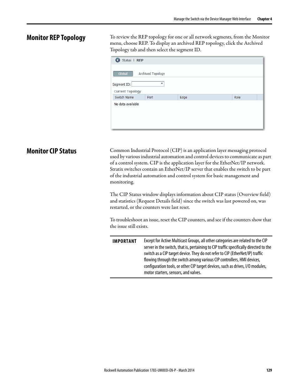 Monitor rep topology, Monitor cip status, Monitor rep topology monitor cip status | Rockwell Automation 1783-Mxxx Stratix 8000 and 8300 Ethernet Managed Switches User Manual User Manual | Page 129 / 204