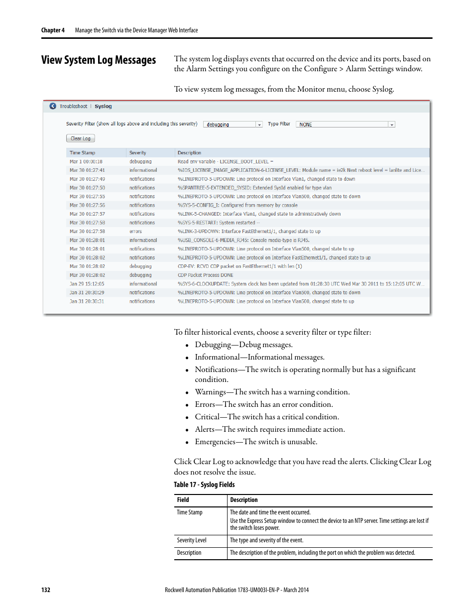 View system log messages | Rockwell Automation 1783-Mxxx Stratix 8000 and 8300 Ethernet Managed Switches User Manual User Manual | Page 132 / 204