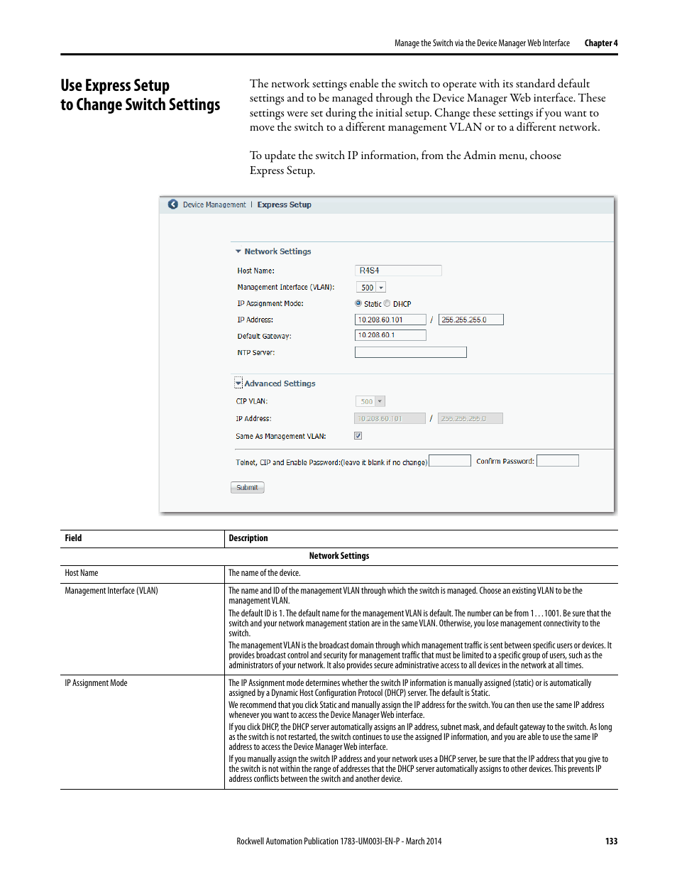 Use express setup to change switch settings | Rockwell Automation 1783-Mxxx Stratix 8000 and 8300 Ethernet Managed Switches User Manual User Manual | Page 133 / 204