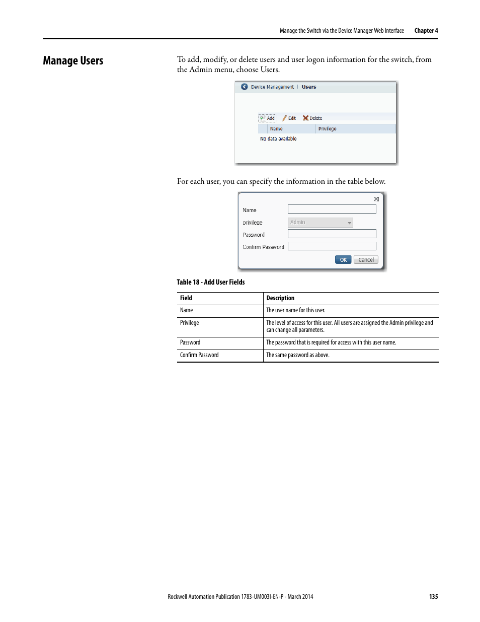 Manage users | Rockwell Automation 1783-Mxxx Stratix 8000 and 8300 Ethernet Managed Switches User Manual User Manual | Page 135 / 204