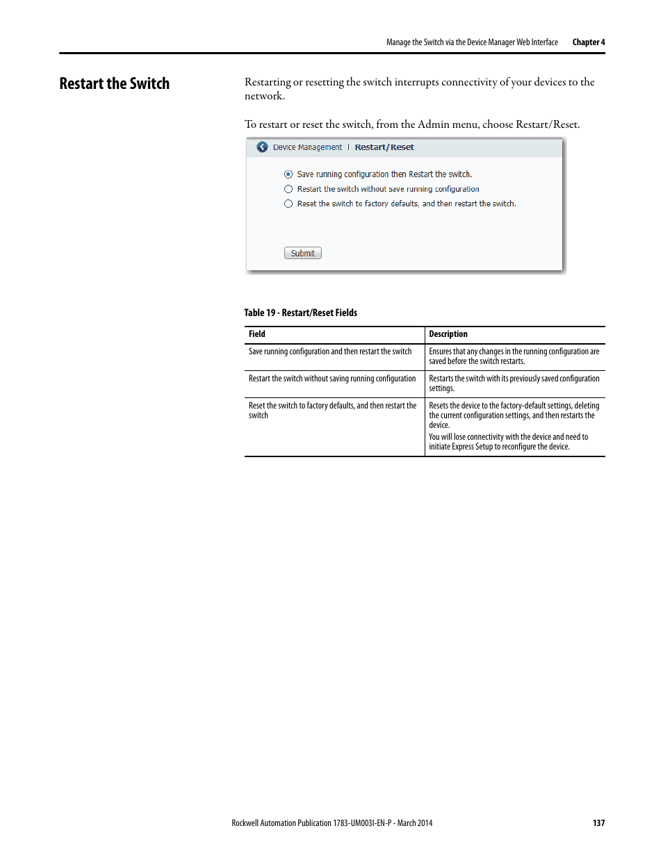 Restart the switch | Rockwell Automation 1783-Mxxx Stratix 8000 and 8300 Ethernet Managed Switches User Manual User Manual | Page 137 / 204