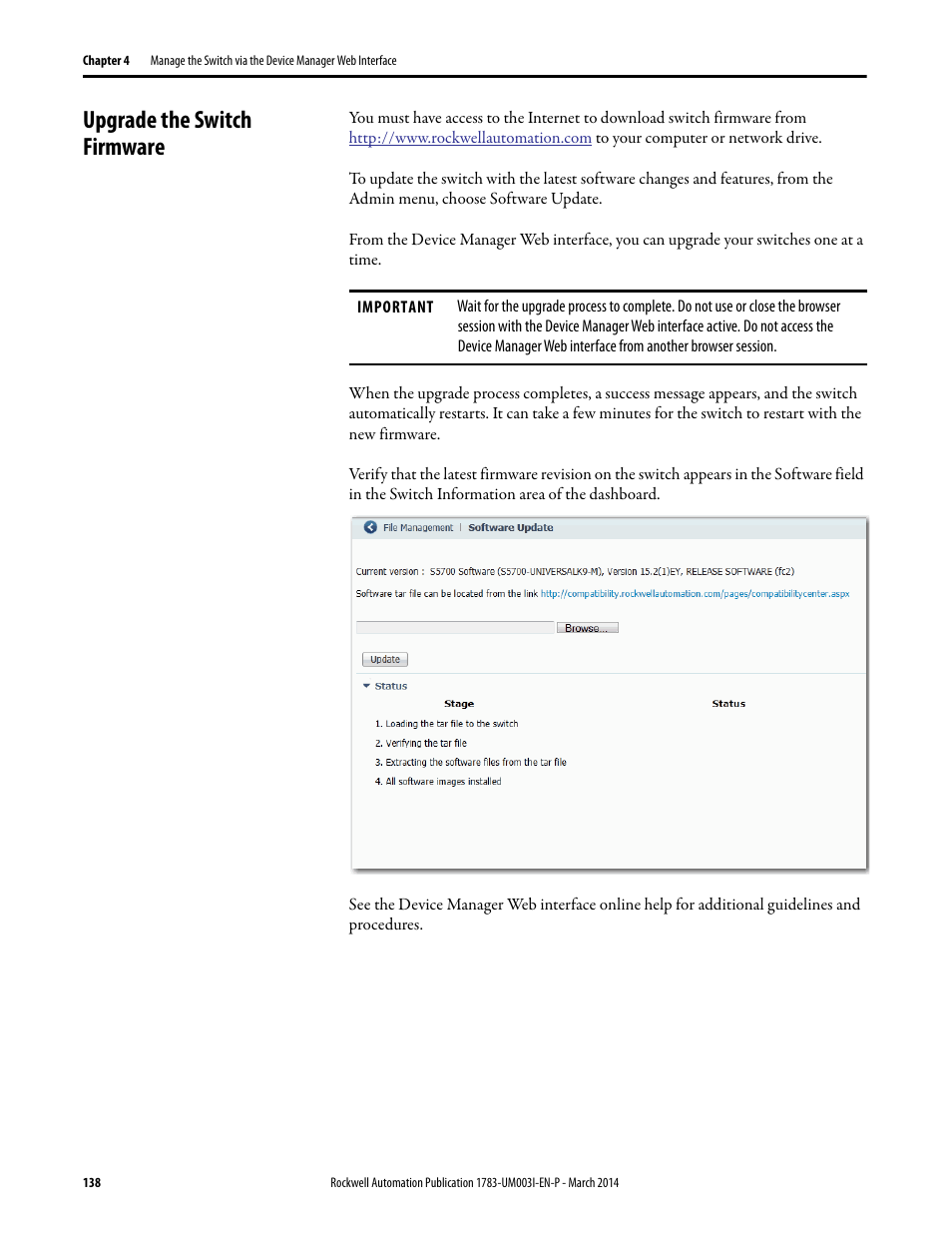 Upgrade the switch firmware | Rockwell Automation 1783-Mxxx Stratix 8000 and 8300 Ethernet Managed Switches User Manual User Manual | Page 138 / 204