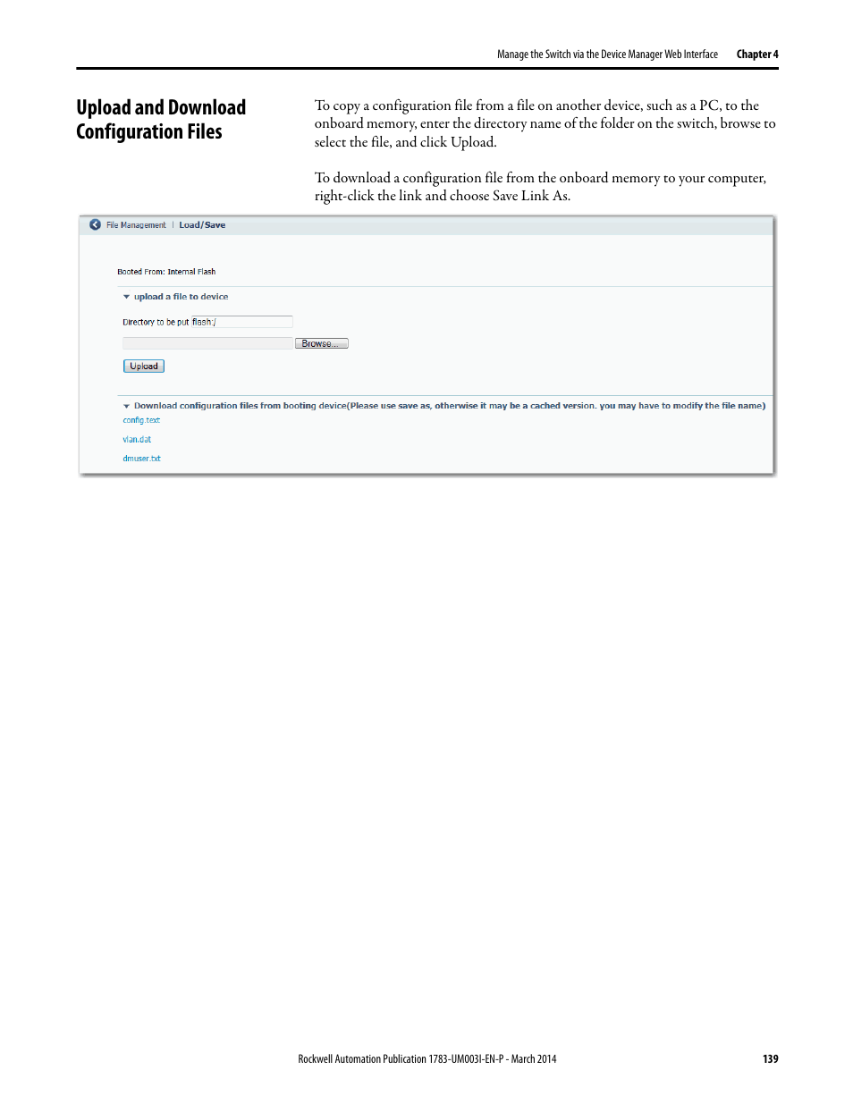 Upload and download configuration files | Rockwell Automation 1783-Mxxx Stratix 8000 and 8300 Ethernet Managed Switches User Manual User Manual | Page 139 / 204