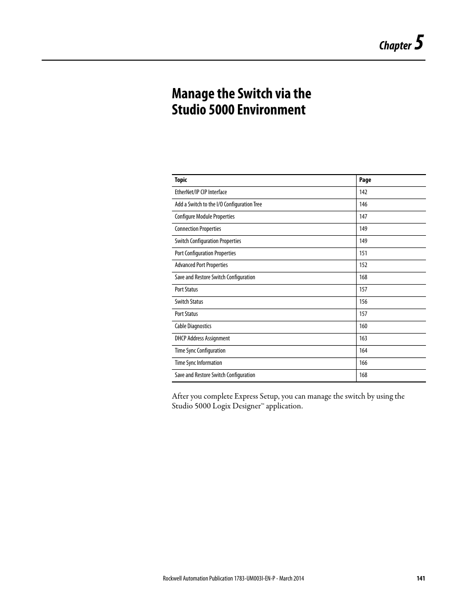 Chapter 5, Manage the switch via the studio 5000 environment, Chapter | Rockwell Automation 1783-Mxxx Stratix 8000 and 8300 Ethernet Managed Switches User Manual User Manual | Page 141 / 204