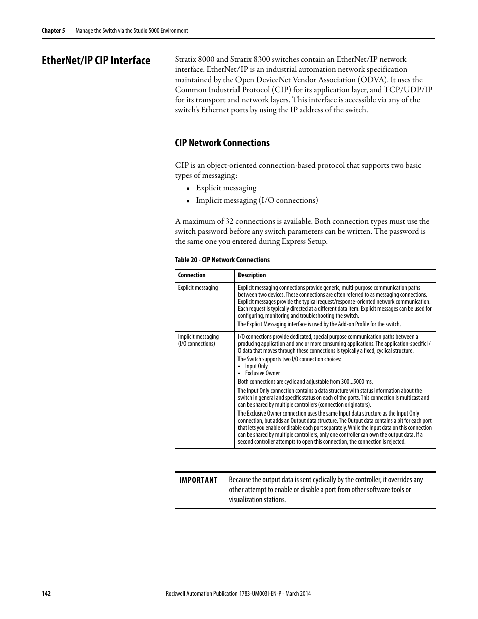 Ethernet/ip cip interface, Cip network connections | Rockwell Automation 1783-Mxxx Stratix 8000 and 8300 Ethernet Managed Switches User Manual User Manual | Page 142 / 204