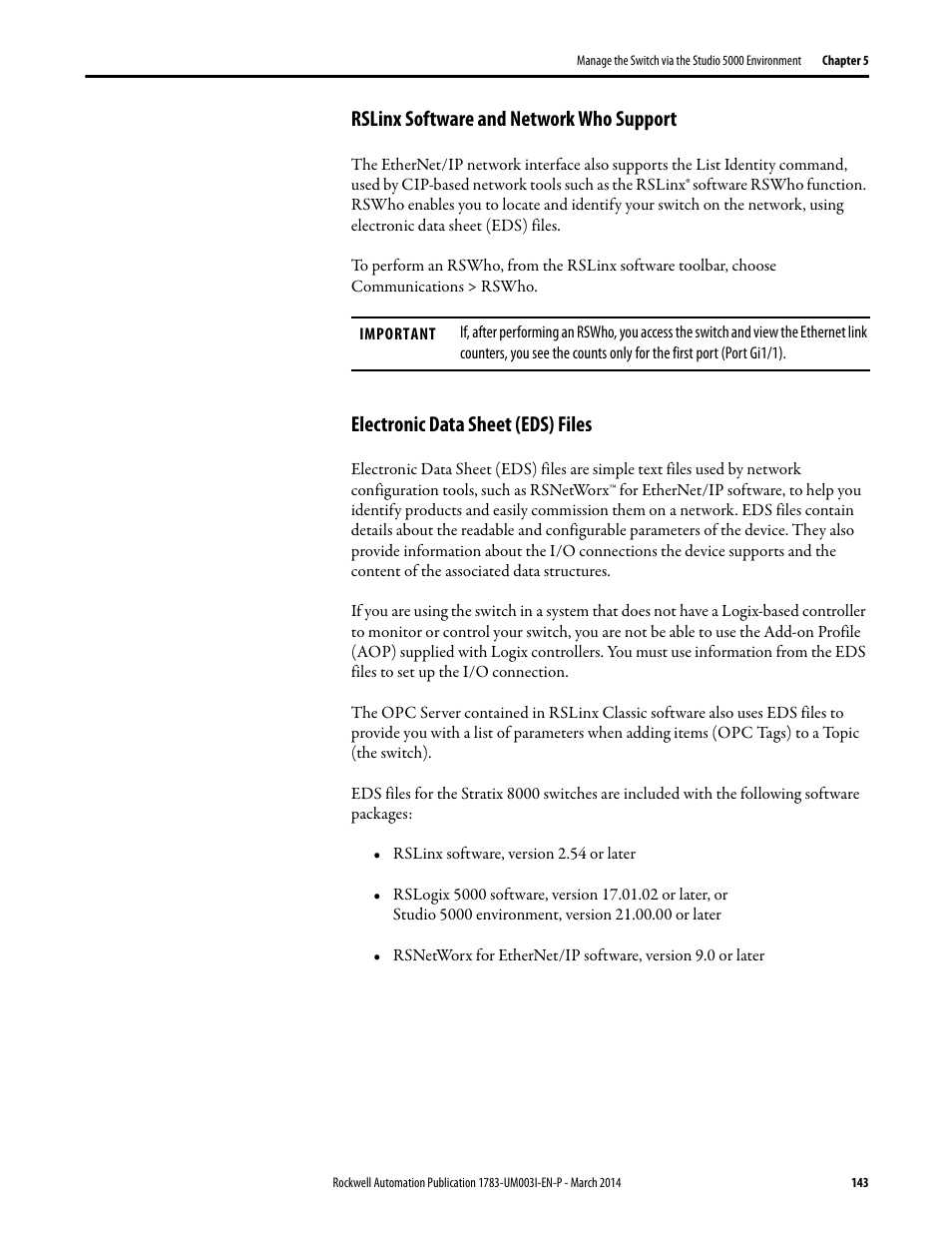 Rslinx software and network who support, Electronic data sheet (eds) files | Rockwell Automation 1783-Mxxx Stratix 8000 and 8300 Ethernet Managed Switches User Manual User Manual | Page 143 / 204