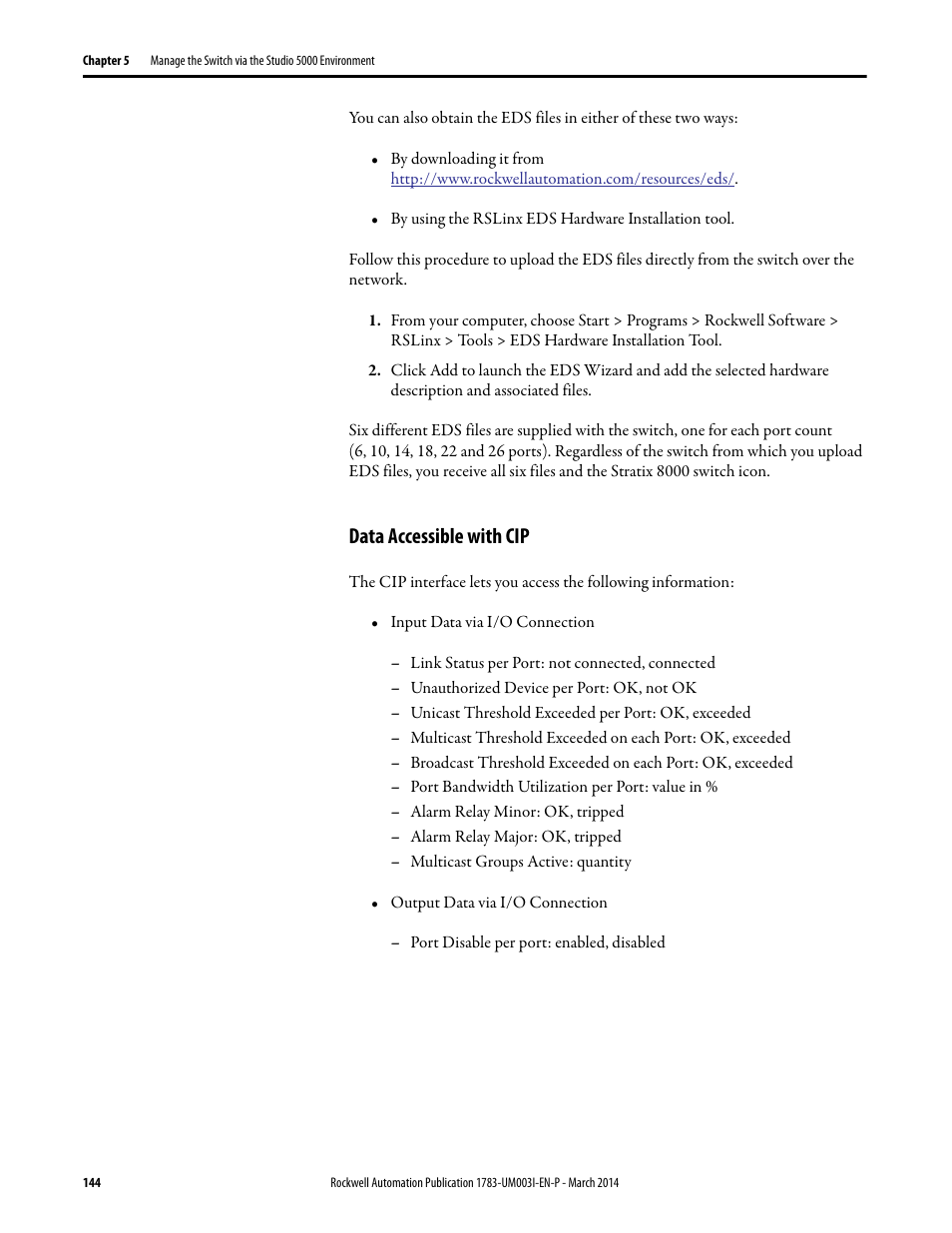 Data accessible with cip | Rockwell Automation 1783-Mxxx Stratix 8000 and 8300 Ethernet Managed Switches User Manual User Manual | Page 144 / 204