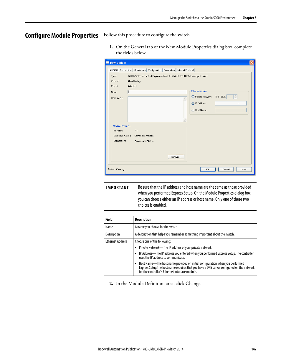 Configure module properties | Rockwell Automation 1783-Mxxx Stratix 8000 and 8300 Ethernet Managed Switches User Manual User Manual | Page 147 / 204