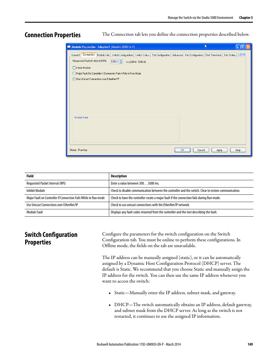 Connection properties, Switch configuration properties | Rockwell Automation 1783-Mxxx Stratix 8000 and 8300 Ethernet Managed Switches User Manual User Manual | Page 149 / 204