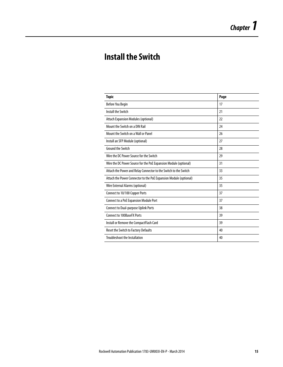 1 - install the switch, Chapter 1, Install the switch | Chapter | Rockwell Automation 1783-Mxxx Stratix 8000 and 8300 Ethernet Managed Switches User Manual User Manual | Page 15 / 204