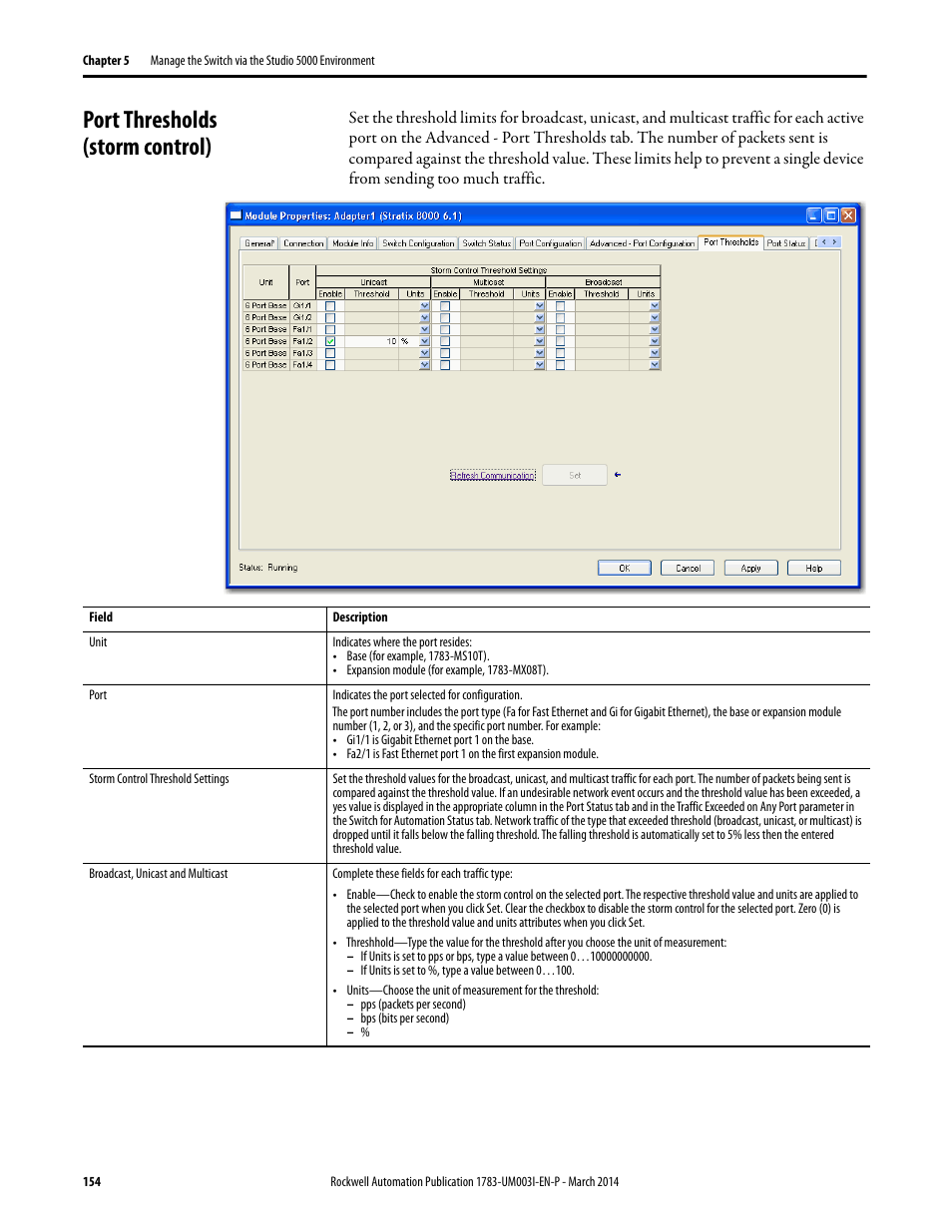 Port thresholds (storm control) | Rockwell Automation 1783-Mxxx Stratix 8000 and 8300 Ethernet Managed Switches User Manual User Manual | Page 154 / 204