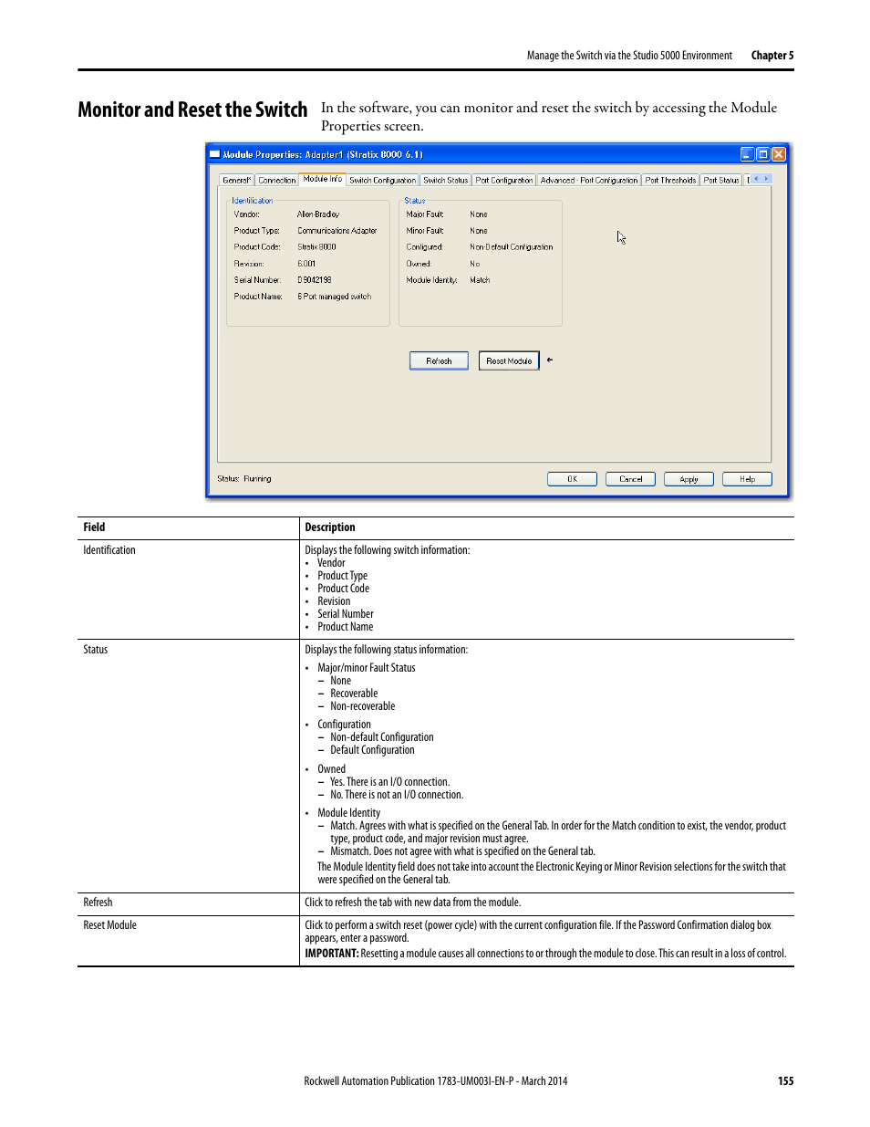 Monitor and reset the switch | Rockwell Automation 1783-Mxxx Stratix 8000 and 8300 Ethernet Managed Switches User Manual User Manual | Page 155 / 204