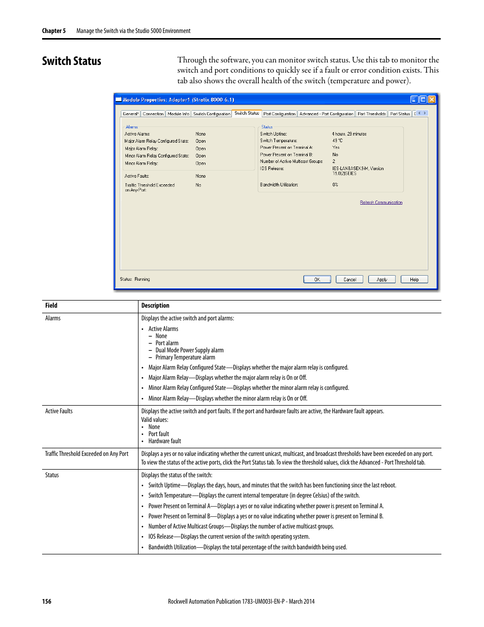 Switch status | Rockwell Automation 1783-Mxxx Stratix 8000 and 8300 Ethernet Managed Switches User Manual User Manual | Page 156 / 204