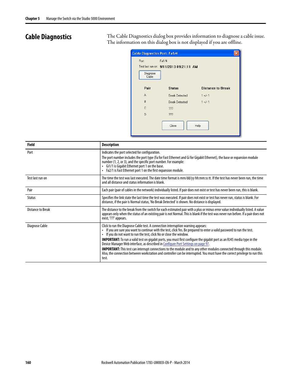 Cable diagnostics | Rockwell Automation 1783-Mxxx Stratix 8000 and 8300 Ethernet Managed Switches User Manual User Manual | Page 160 / 204