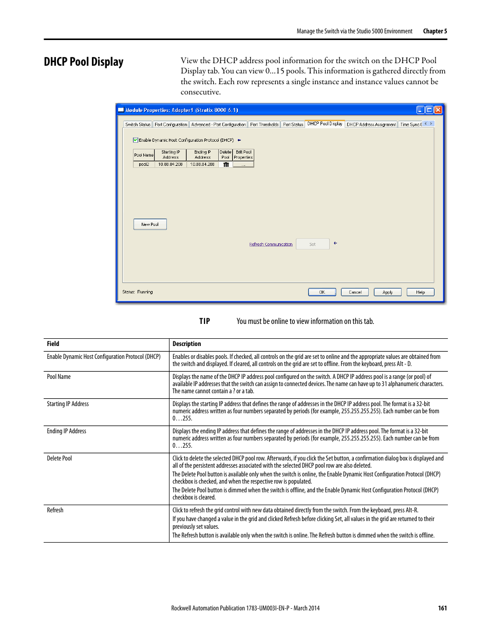 Dhcp pool display | Rockwell Automation 1783-Mxxx Stratix 8000 and 8300 Ethernet Managed Switches User Manual User Manual | Page 161 / 204