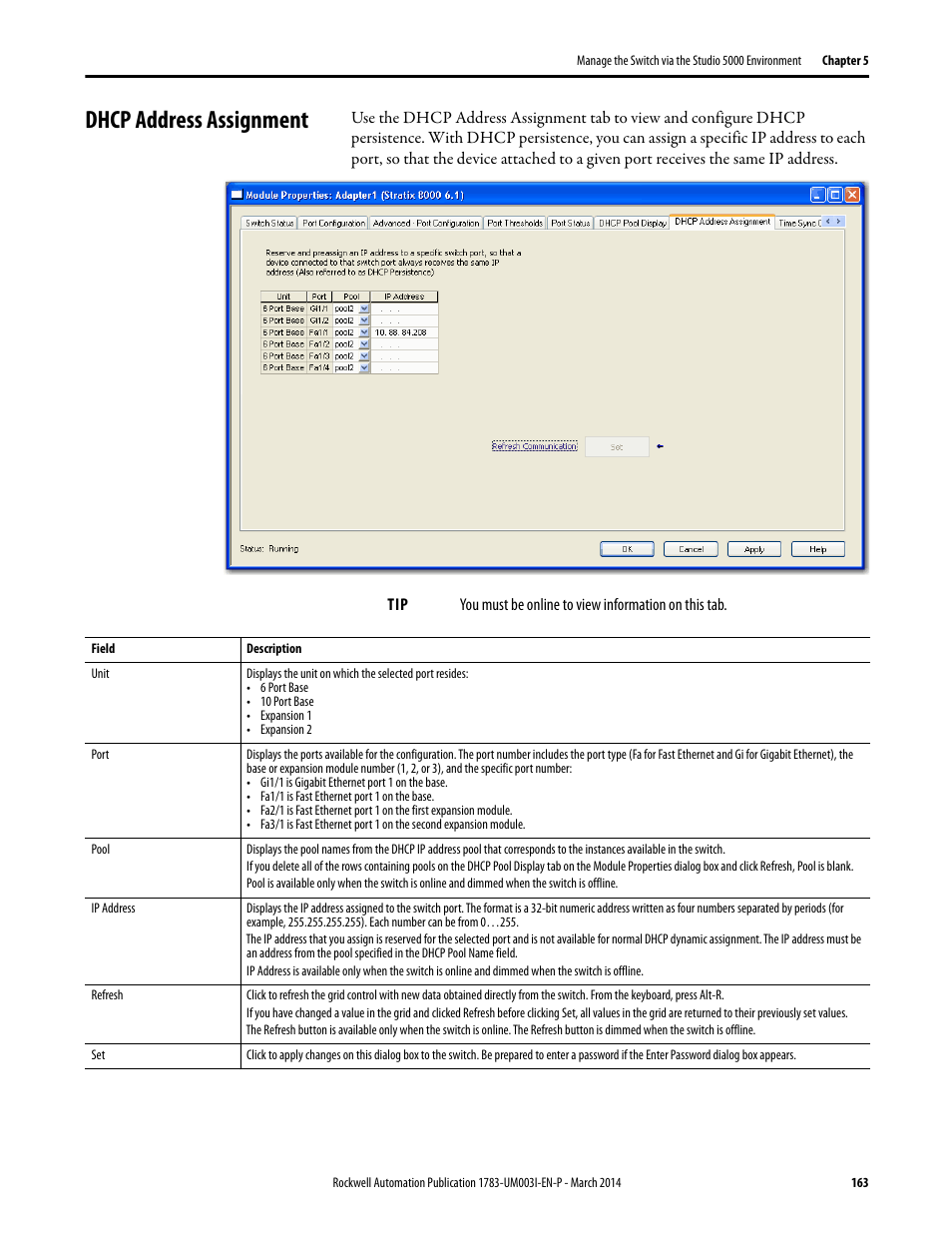 Dhcp address assignment | Rockwell Automation 1783-Mxxx Stratix 8000 and 8300 Ethernet Managed Switches User Manual User Manual | Page 163 / 204