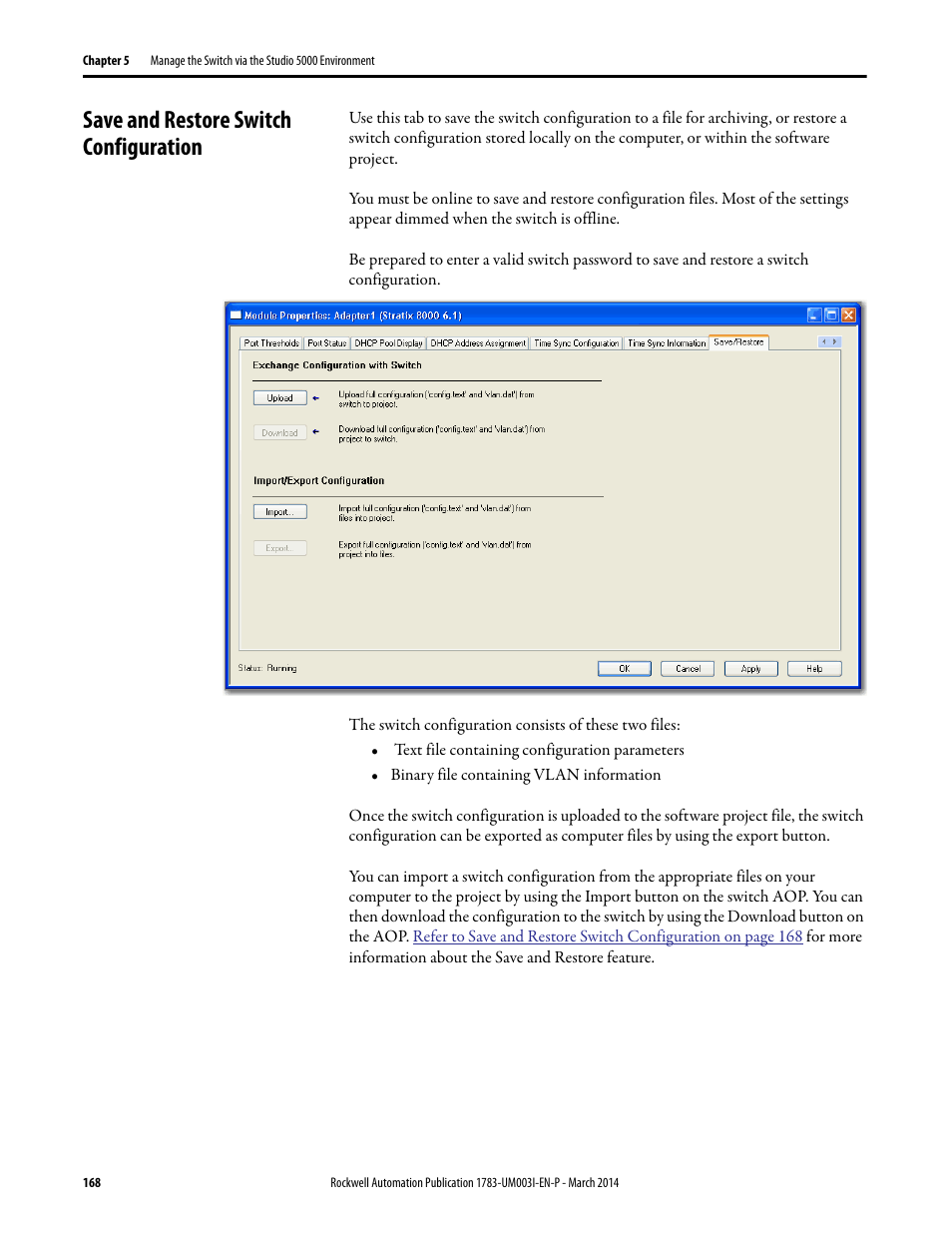 Save and restore switch configuration | Rockwell Automation 1783-Mxxx Stratix 8000 and 8300 Ethernet Managed Switches User Manual User Manual | Page 168 / 204