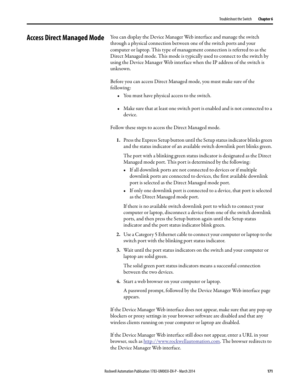 Access direct managed mode, E in the, And then upda | Access direct managed | Rockwell Automation 1783-Mxxx Stratix 8000 and 8300 Ethernet Managed Switches User Manual User Manual | Page 171 / 204