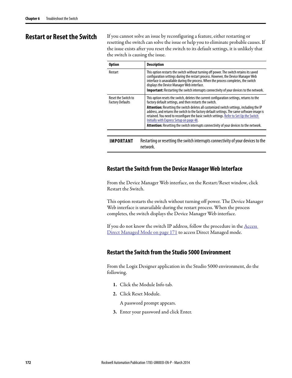 Restart or reset the switch | Rockwell Automation 1783-Mxxx Stratix 8000 and 8300 Ethernet Managed Switches User Manual User Manual | Page 172 / 204